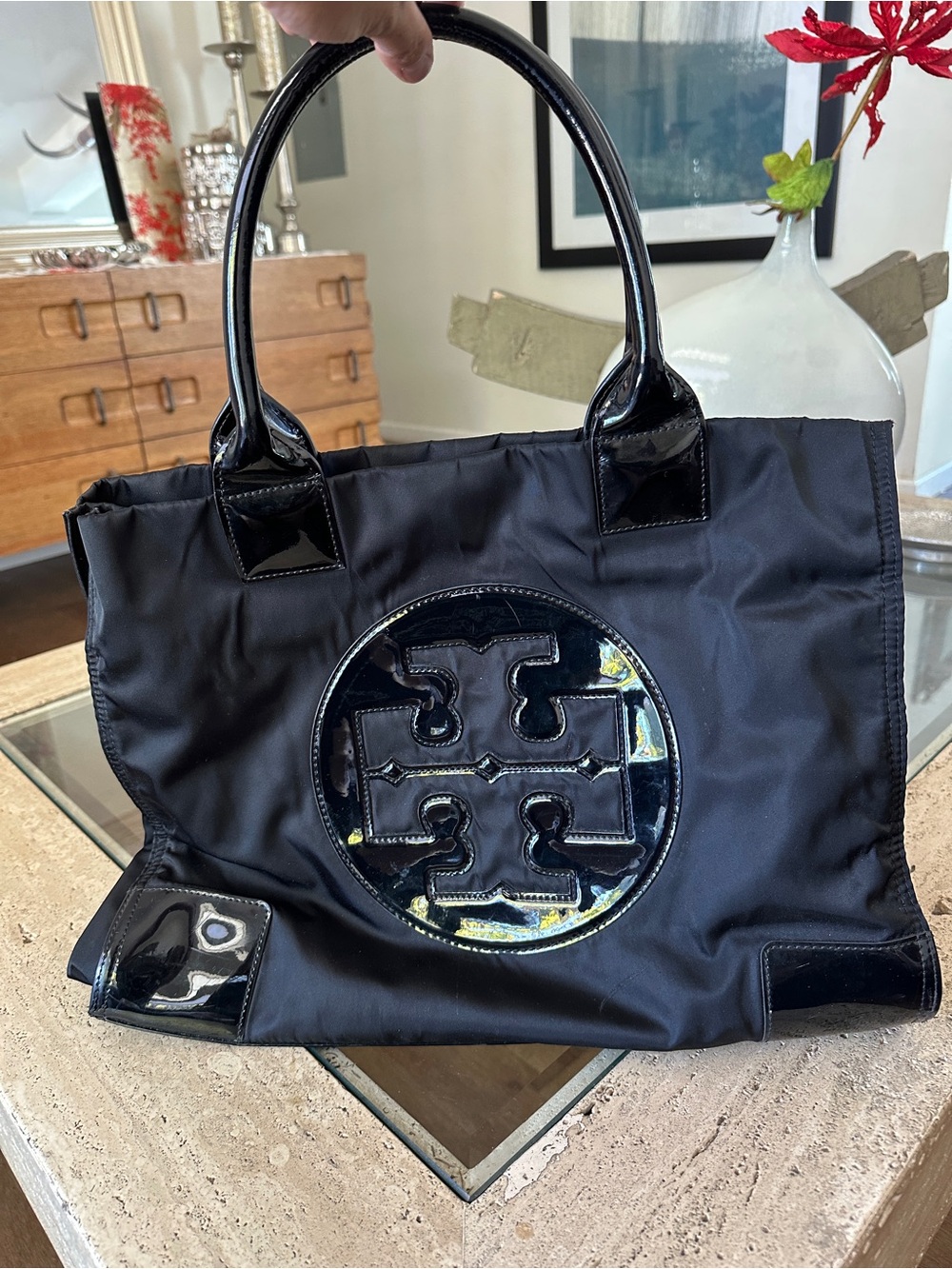 Tory Burch Black Nylon Large ELLA Tote with Patent